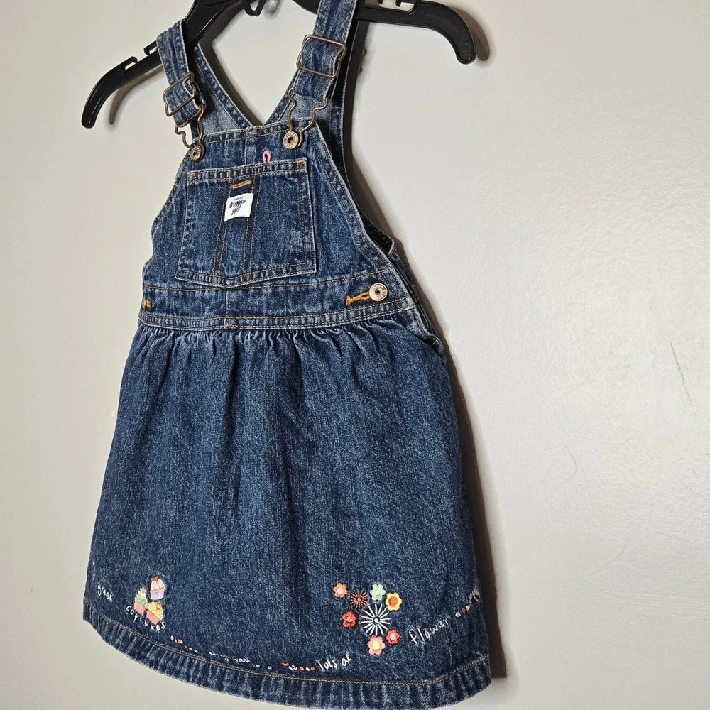 OshKosh B'gosh Girls 3T Vintage Denim Overall Dress Cupcake Flower Embroidery